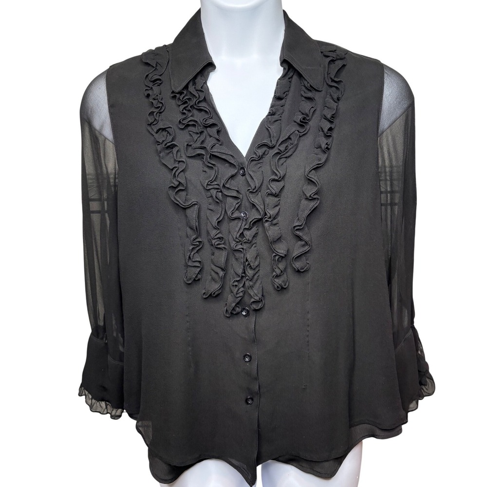 COLDWATER CREEK Womens Black 100% Silk Ruffle Sheer Long Sleeve Blouse XL Petite